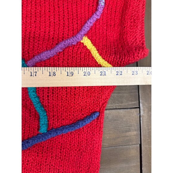 Vintage Jeanne Pierre Hand Knit Red Sweater With Multicolor Abstract Design M - Picture 5 of 6